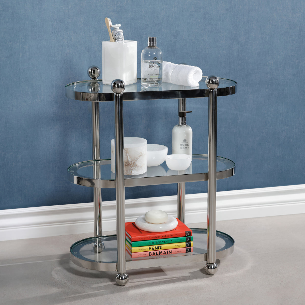 Three-Tier Nickel Oval Bar Cart - Bar Cart Shelf Detail | Bone & Brass
