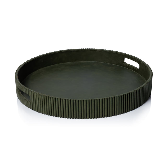 Round Fluted Green Leather Tray