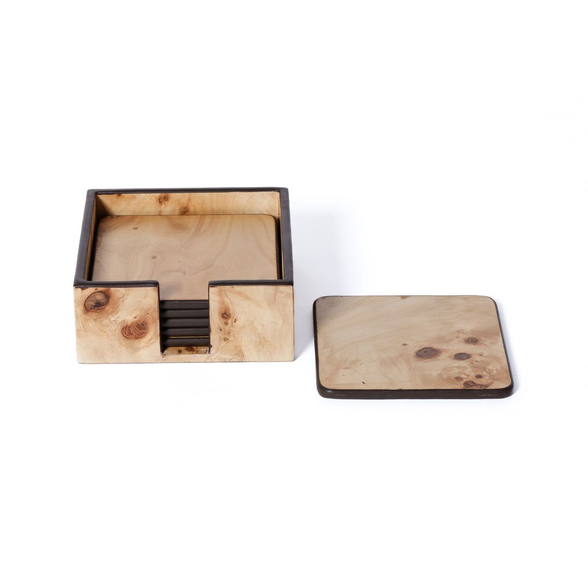 Valerie Burl Square Coasters with Holder, Set of 6