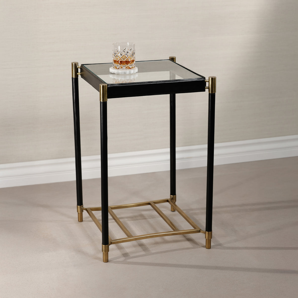 Park Lane Black Leather & Antique Brass Side Table - Table Detail | Bone & Brass