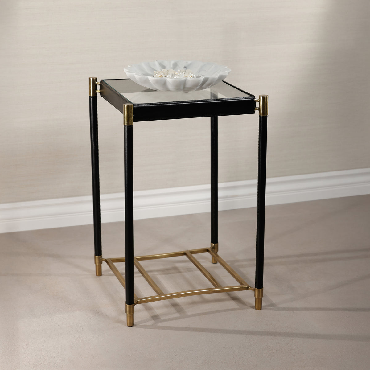 Park Lane Black Leather & Antique Brass Side Table - Table View | Bone & Brass