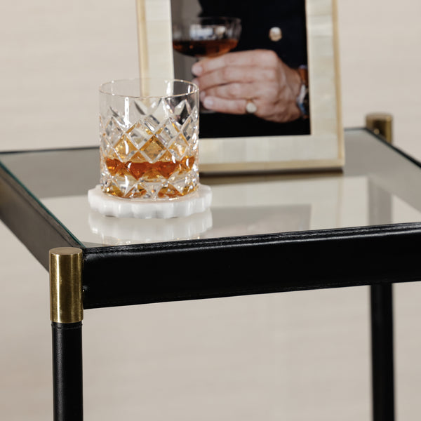 Park Lane Black Leather & Antique Brass Side Table - Table Side View | Bone & Brass