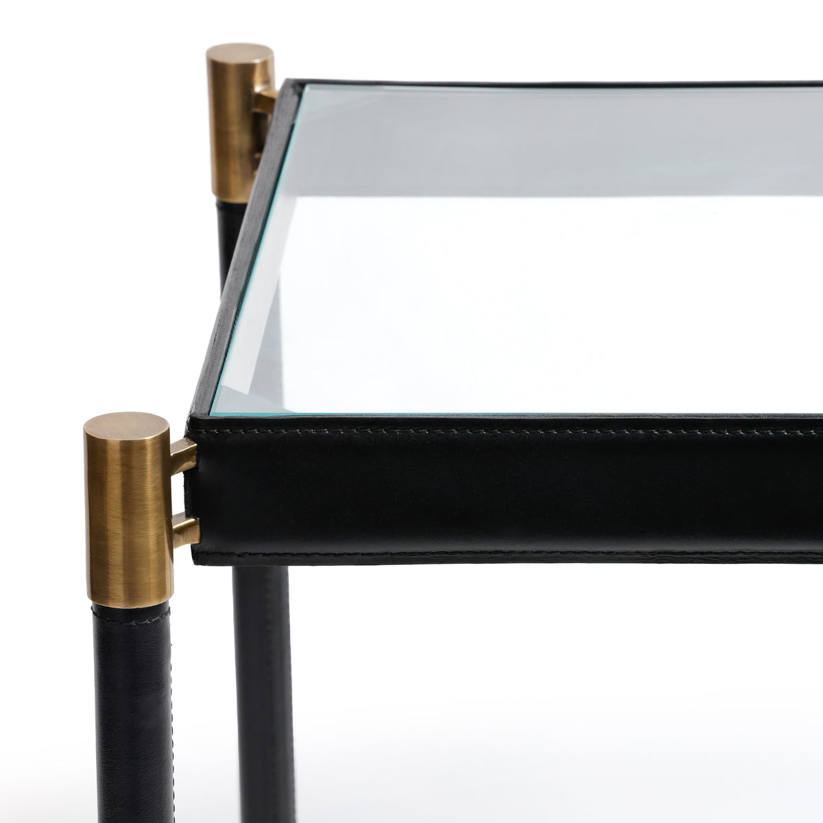 Park Lane Black Leather & Antique Brass Side Table - Table Top View | Bone & Brass