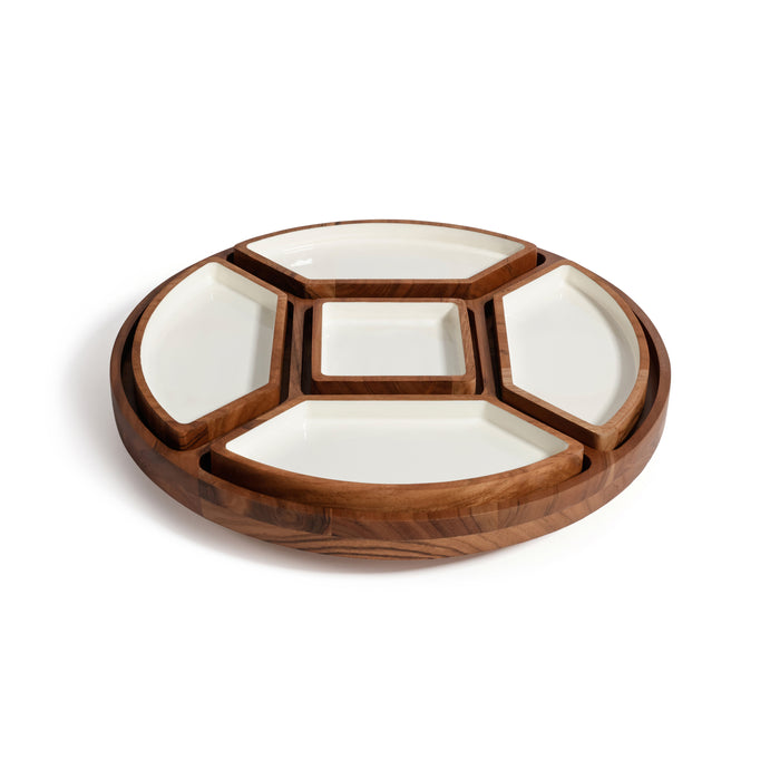 Acacia Wood Lazy Susan Serving Tray with 5 Condiment Sections