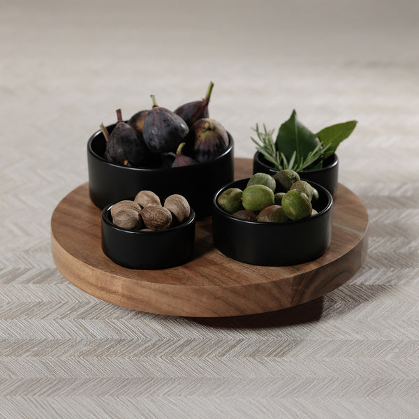 Acacia Wood Lazy Susan with 4 Condiment Bowls