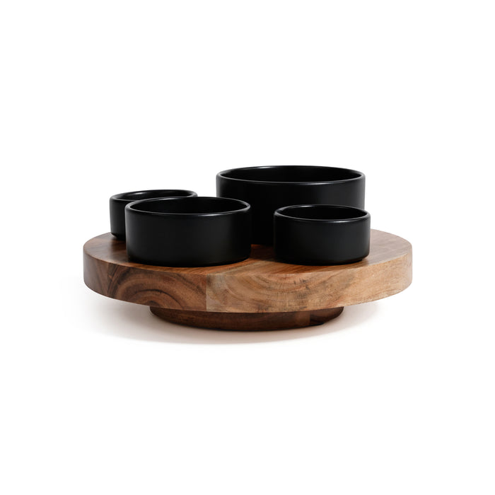 Acacia Wood Lazy Susan with 4 Condiment Bowls