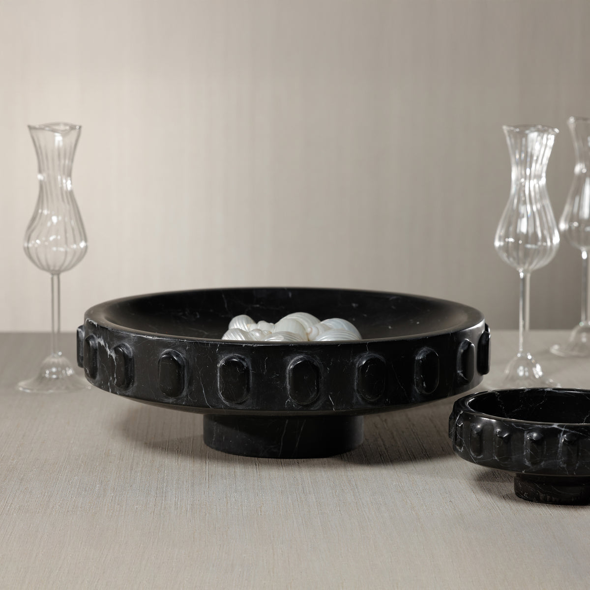 Shallow Marble Pedestal Decorative Bowl - Bowl Side View | Bone & Brass