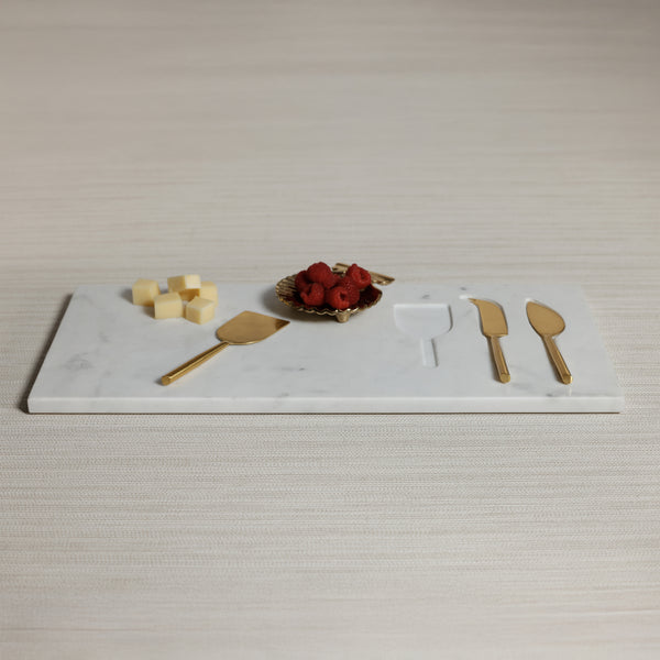 White Marble Cheese Tray with Set of 3 Cheese Tools - Board Detail | Bone & Brass