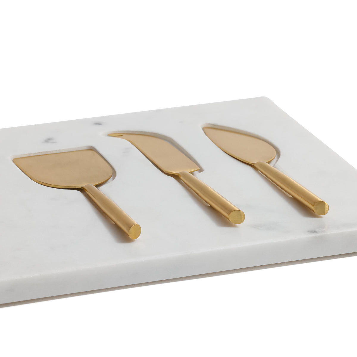 White Marble Cheese Tray with Set of 3 Cheese Tools - Board Side View | Bone & Brass