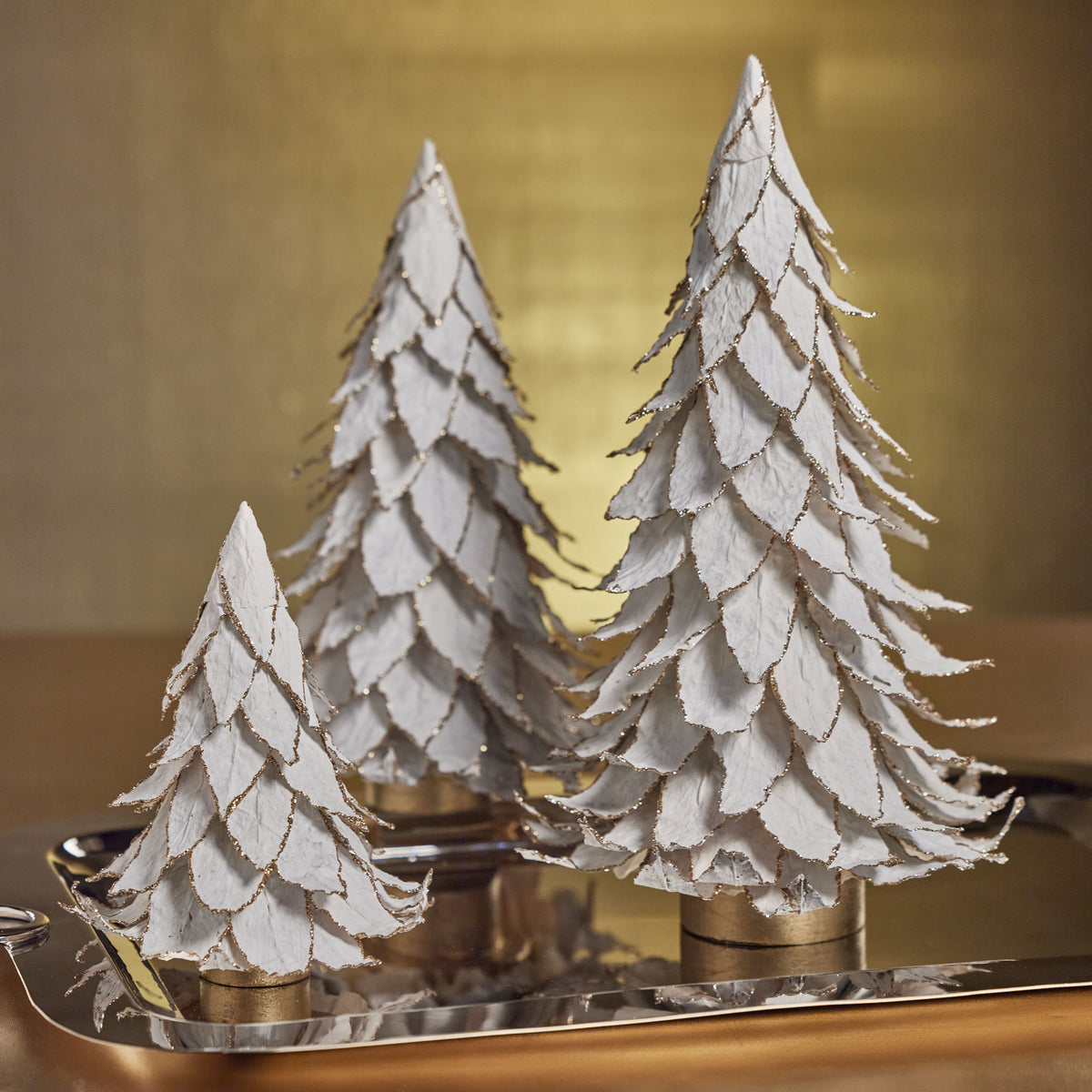 White Natural Leaf Christmas Tabletop Tree with Gold Trim - Detail View | Bone & Brass