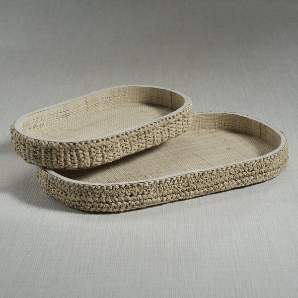 Reggio Loom Oval Raffia Tray with Leather Trim