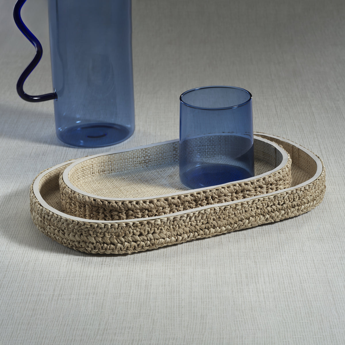 Reggio Loom Oval Raffia Tray with Leather Trim