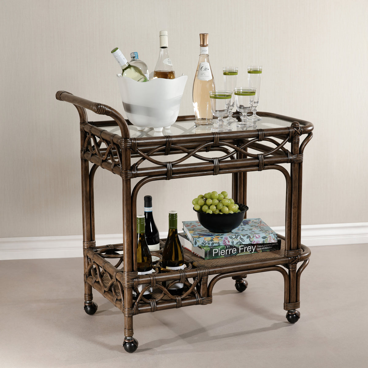 Woven Rattan Rolling Bar Cart - Bar Cart Shelf Detail | Bone & Brass