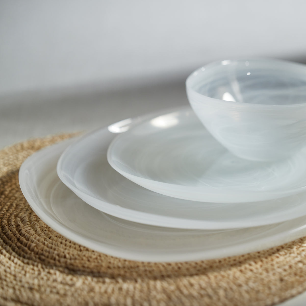 Monte Carlo White Alabaster Glass Plates, Large, Set of 6