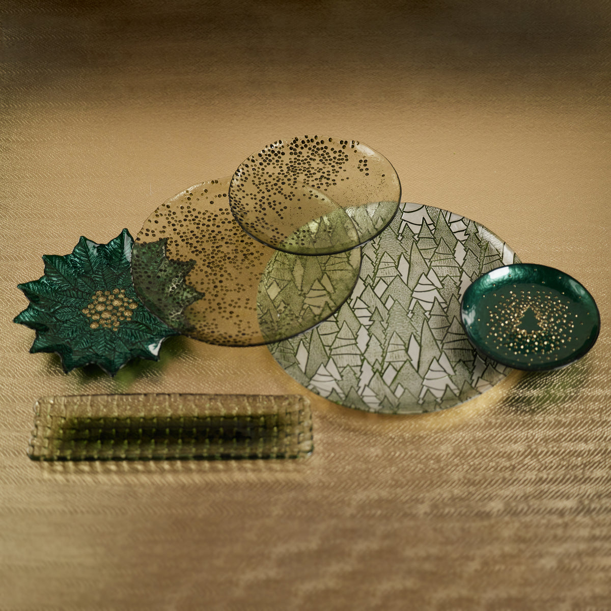 Braided Green Glass Rectangular Plates, Set of 6