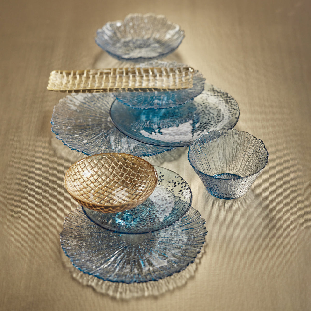 Icy Sapphire Blue Tall Glass Bowls, Set of 6