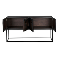 Ebony walnut console table with hand-carved doors open, revealing storage, on a black industrial steel base.