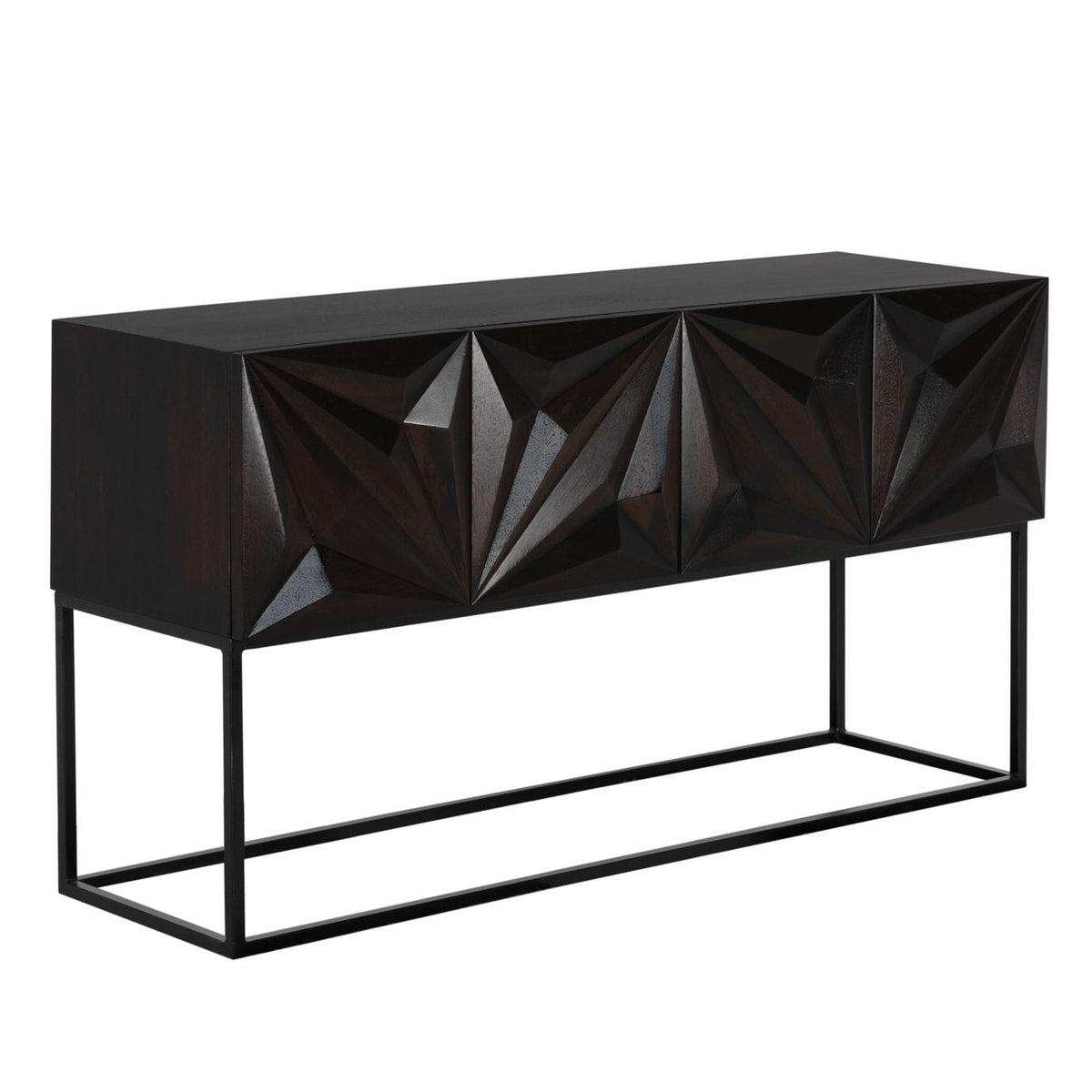 Ebony walnut console table with hand-carved geometric doors and black industrial steel base.