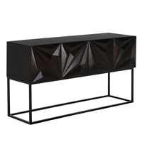 Ebony walnut console table with hand-carved geometric doors and black industrial steel base.