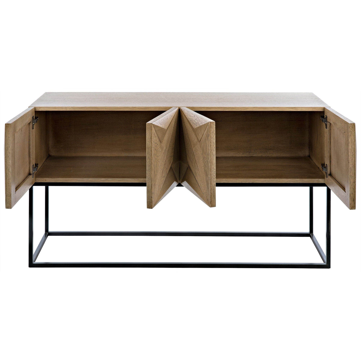 Bleached walnut console with four open doors revealing interior storage, on a black steel base.