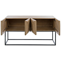 Bleached walnut console with four open doors revealing interior storage, on a black steel base.