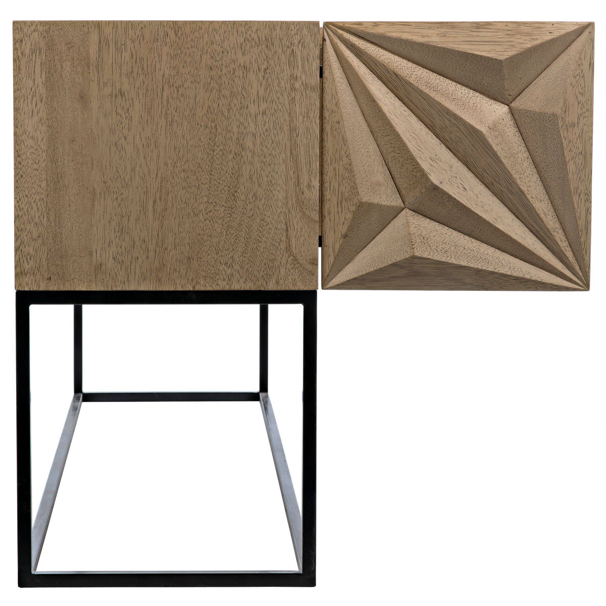 Bleached walnut console with geometric hand-carved doors and a black steel base.