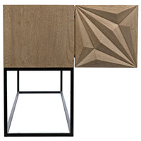 Bleached walnut console with geometric hand-carved doors and a black steel base.