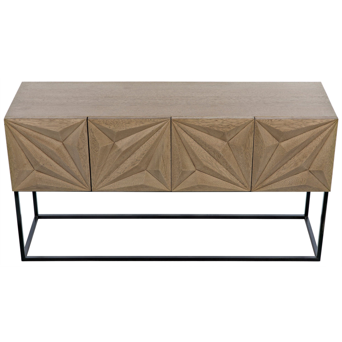 Bleached walnut console with four doors featuring hand-carved diamond and rhombus patterns on a black steel base.
