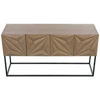 Bleached walnut console with four doors featuring hand-carved diamond and rhombus patterns on a black steel base.