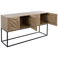 Bleached walnut console with four open doors, hand-carved geometric patterns, and a black steel base.