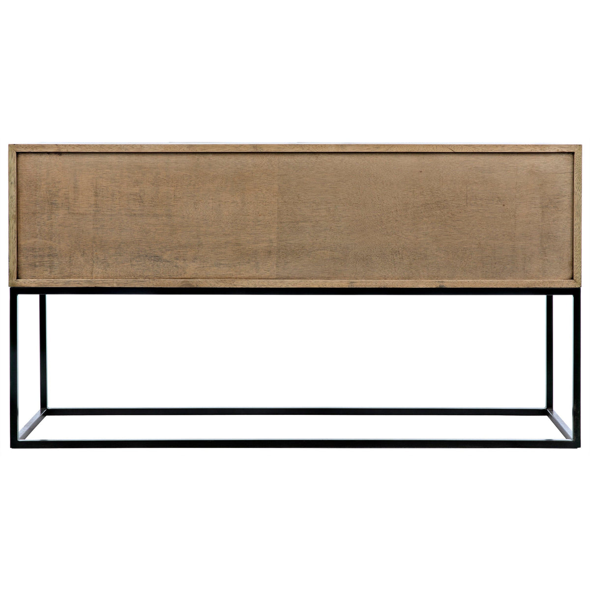 Bleached walnut console with minimalist design and black steel base.