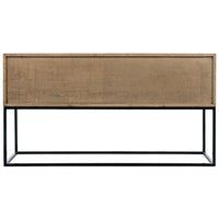 Bleached walnut console with minimalist design and black steel base.