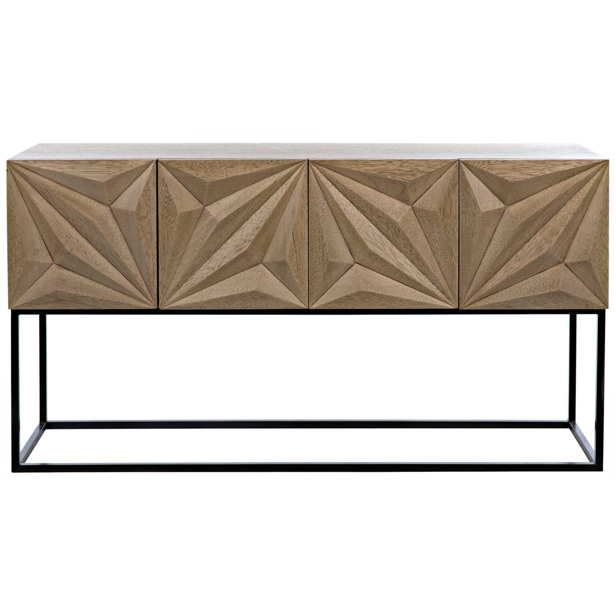 Bleached walnut console with four doors featuring carved diamond and rhombus patterns on a black steel base.