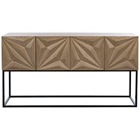 Bleached walnut console with four doors featuring carved diamond and rhombus patterns on a black steel base.
