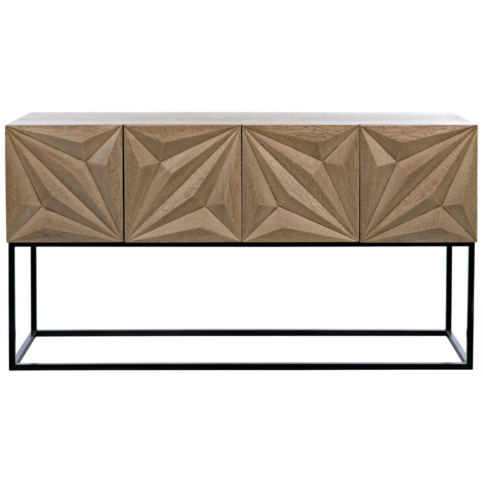 Bleached walnut console with four doors featuring carved diamond and rhombus patterns on a black steel base.