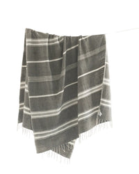 Striped towel hanging on a line against a white background