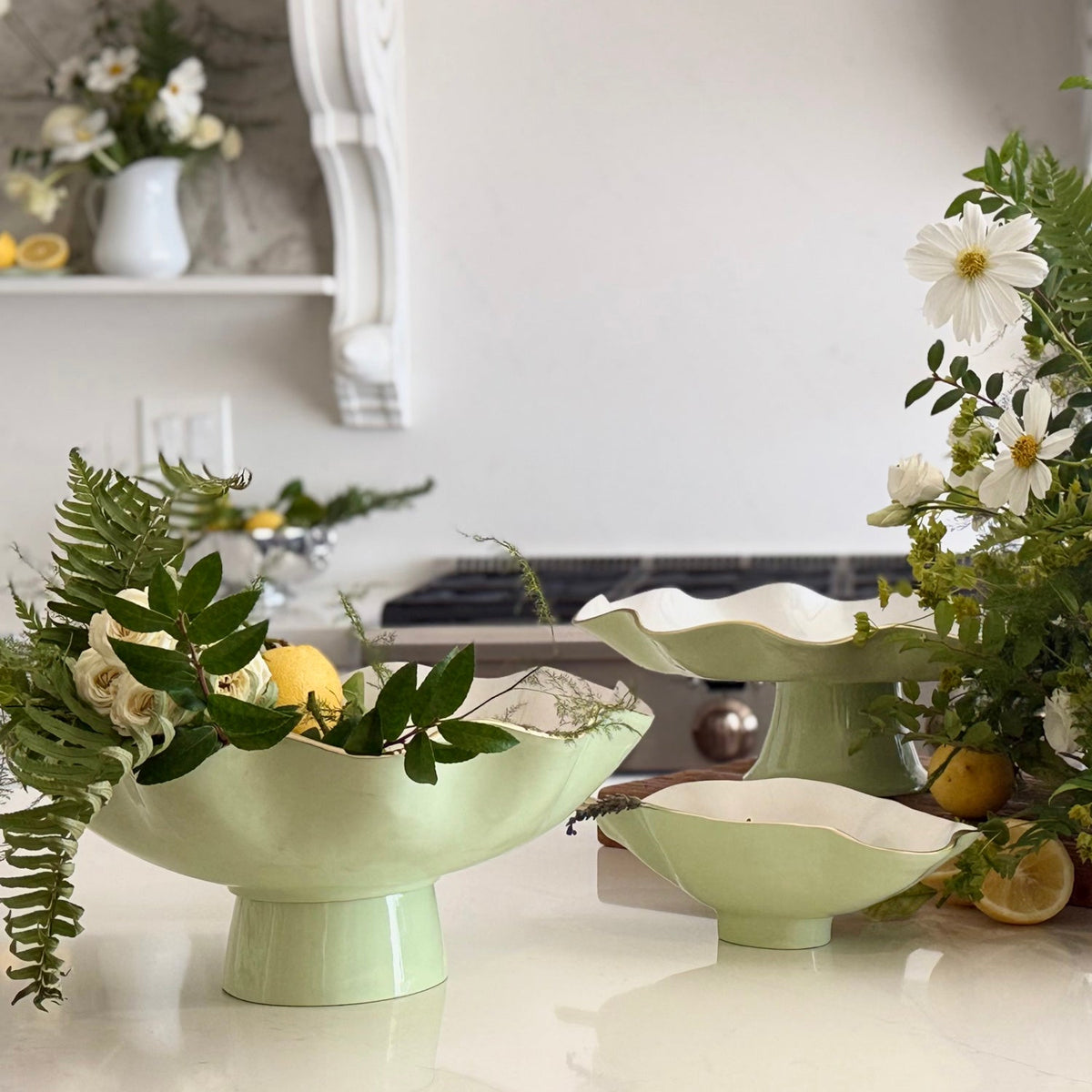 Pistachio Green, White & Gold Oval Serving Bowl with Spoon - Bowl Side View | Bone & Brass