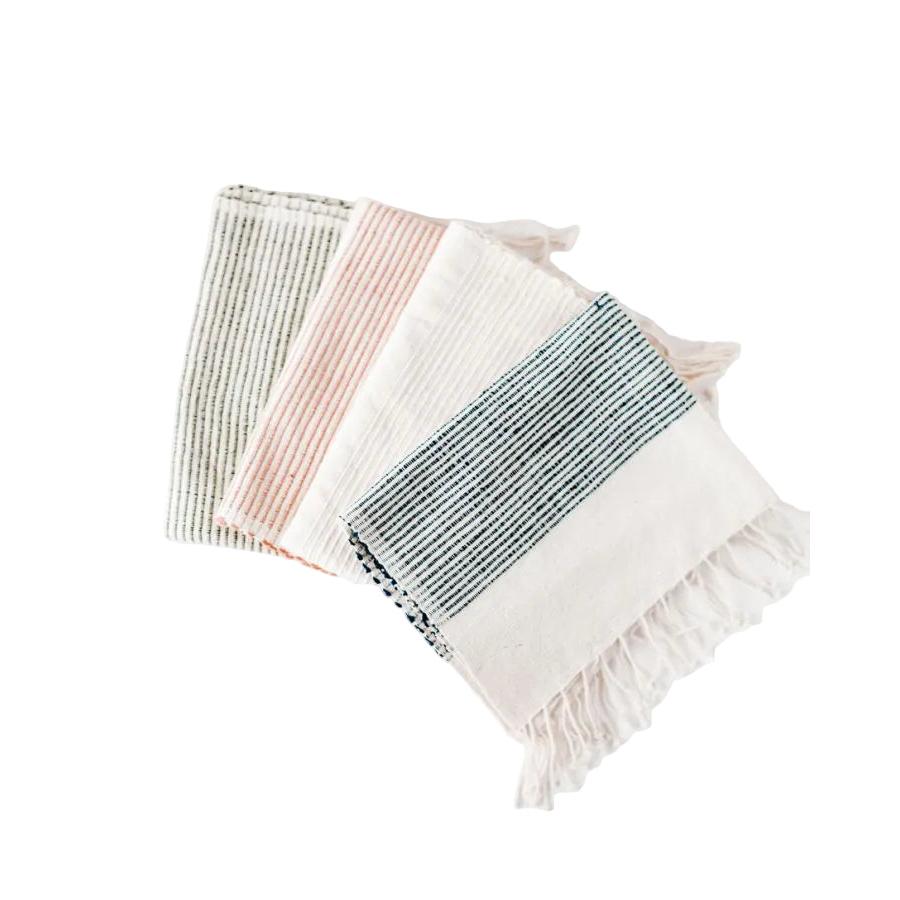 Set of four striped towels in various colors on a white background