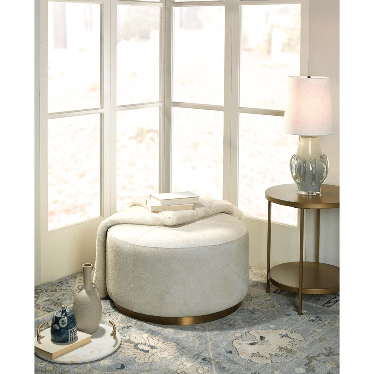 Thackeray White Hide Round Ottoman