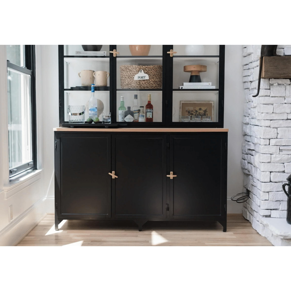 Black 3-Door Glass Storage Cabinet